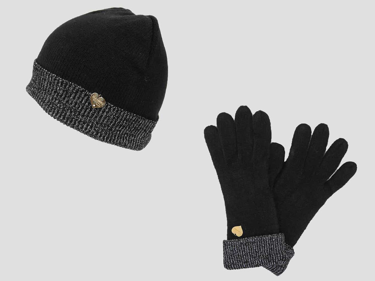 Set guanti e cappello donna con risvolto di lurex argento