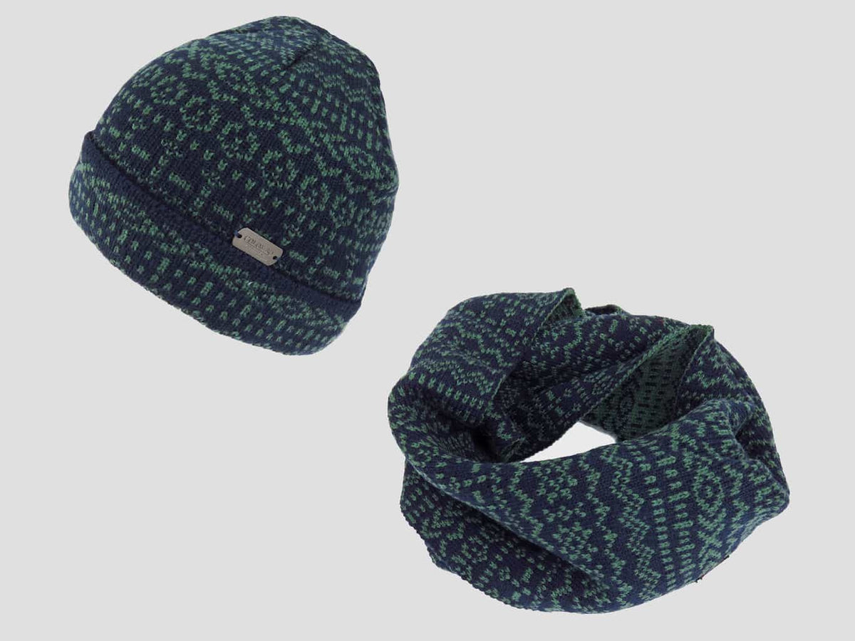 Verde - set cappello e sciarpa uomo jacquard con motivi geometrici
