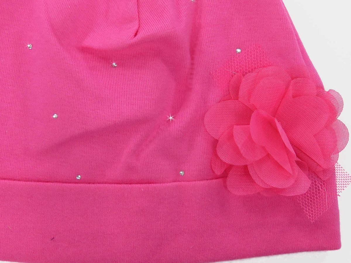 Dettaglio - Katy - Berretto neonata in cotone con strass e fiore in organza