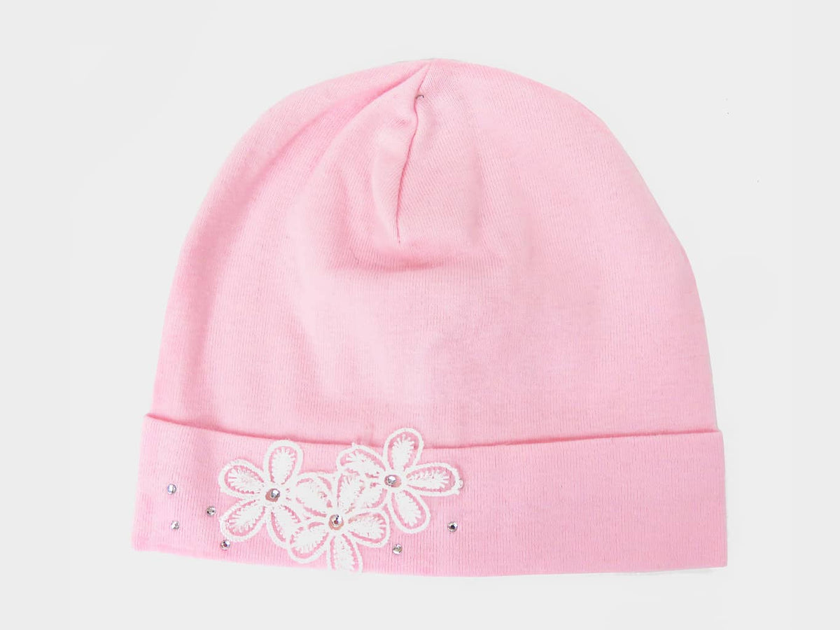 Rosa - Emily - Berretto neonata in cotone con strass e fiori in pizzo