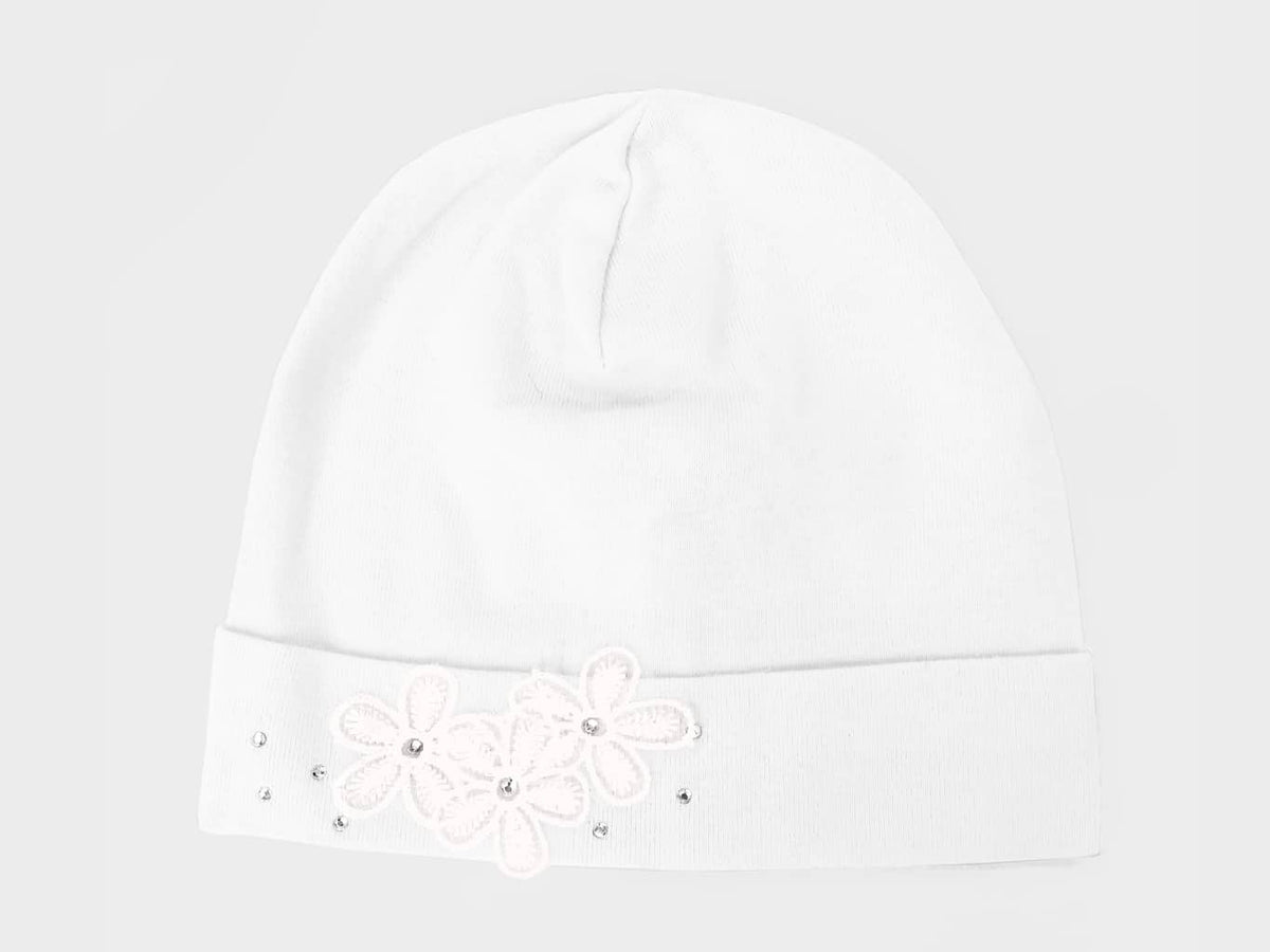 Bianco - Emily - Berretto neonata in cotone con strass e fiori in pizzo