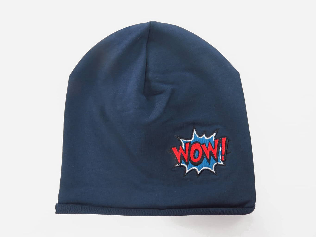 Blu - WOW- Berretto bimbo e ragazzo con ricamo WOW