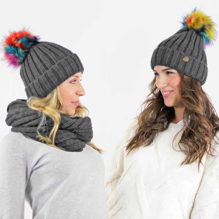 Sciarpa ad anello e cappello con pompon multi-color in ecopelliccia - grigio - Colombo Milano 1911