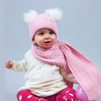 Cappello e sciarpa a trecce con doppio pompon - rosa
