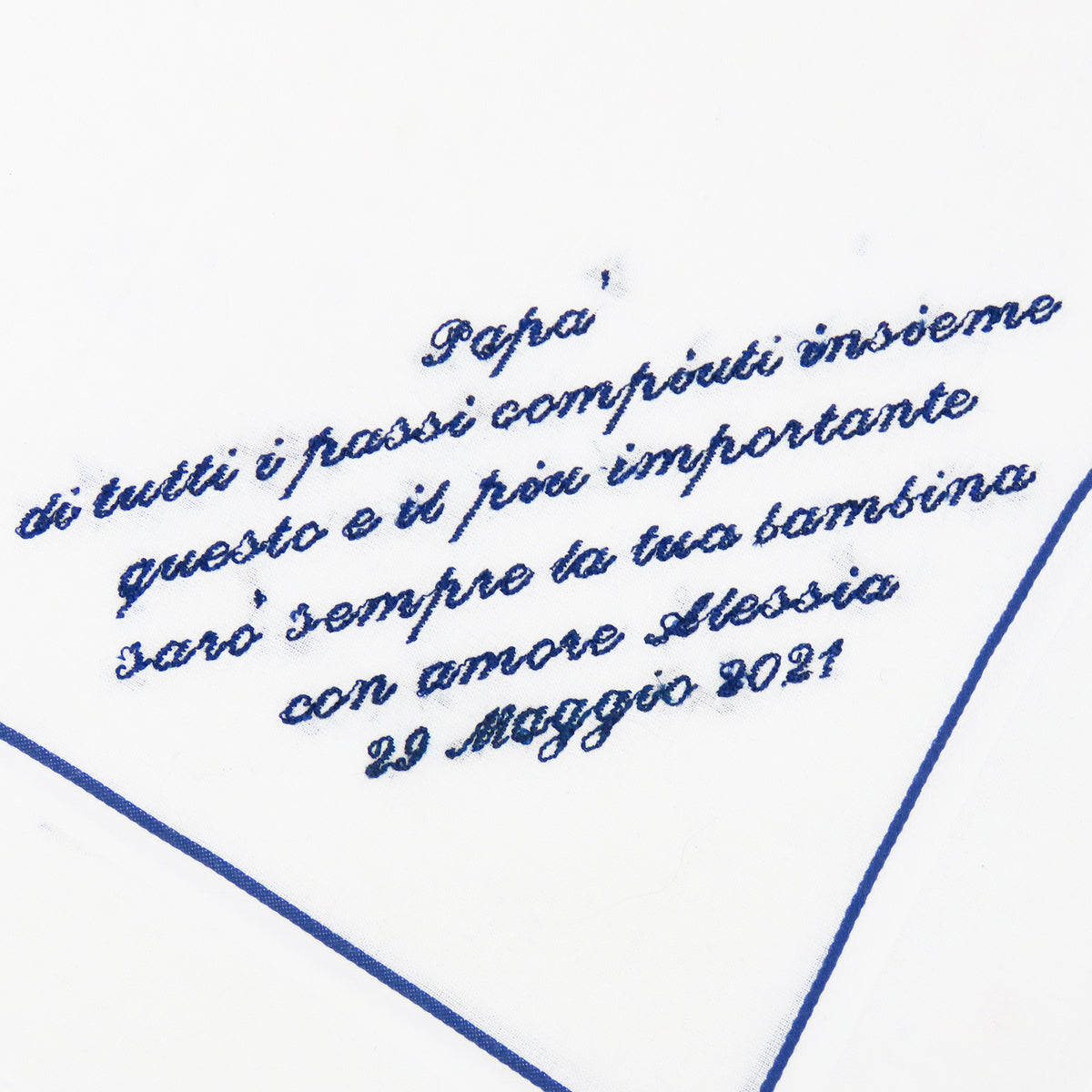 Fazzoletto della sposa bianco con riga colorata blu dettaglio