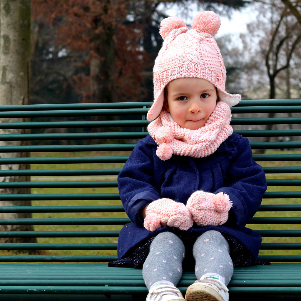 Cappello scaldacollo e muffole con trecce e lurex - 6m/18m rosa