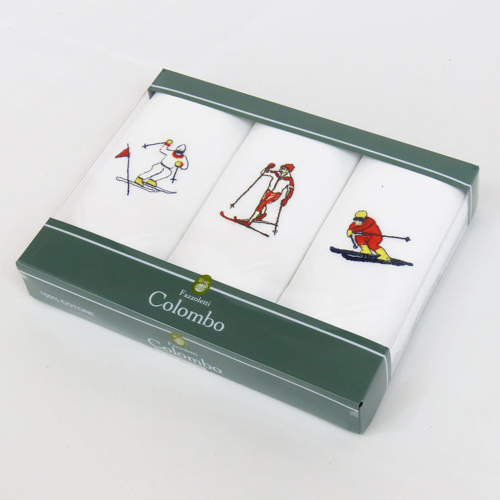 Sport scii- fazzoletti ricamati e arrotolati in scatola vintage laterale
