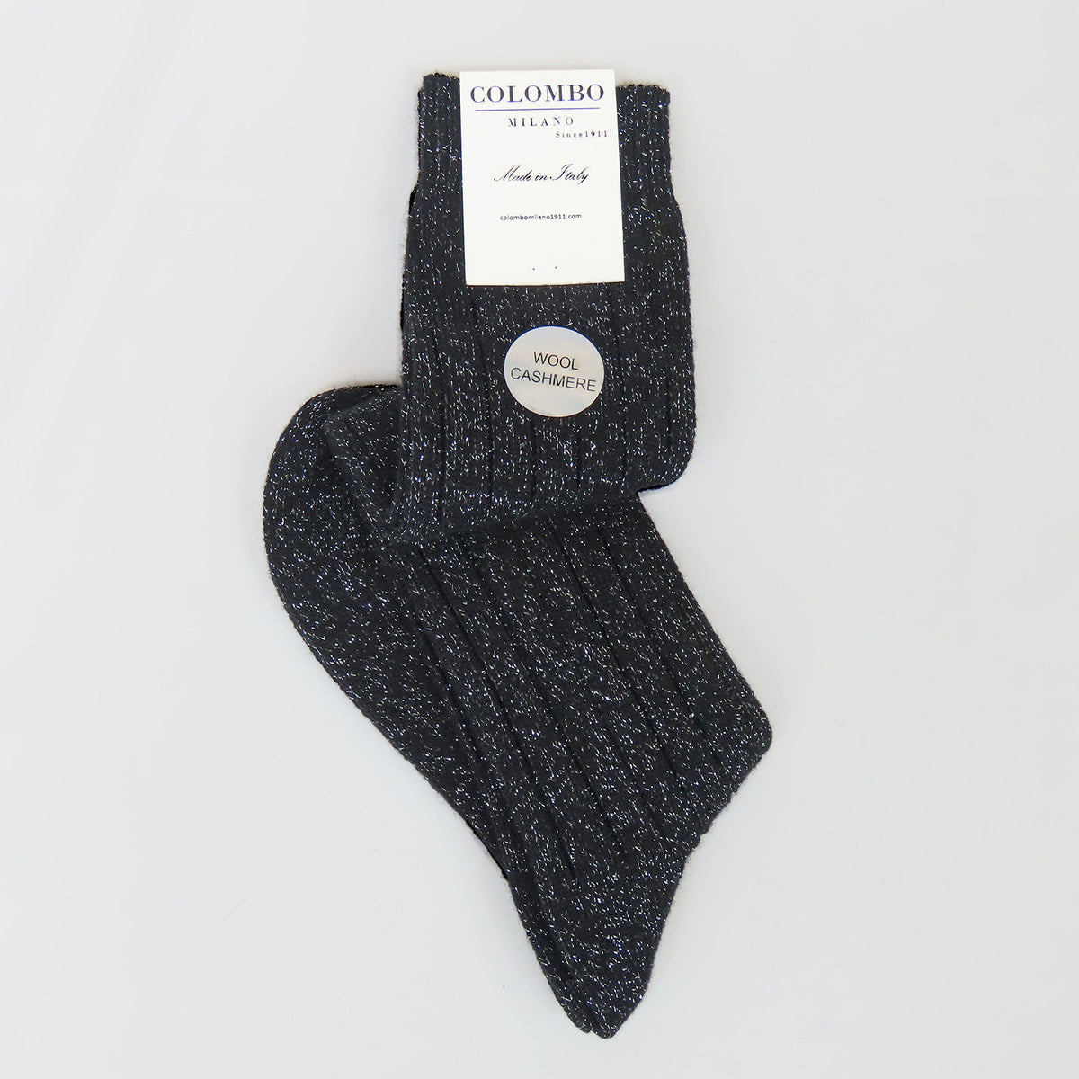 Calze nere lunghe a coste in Cashmere con lurex argento