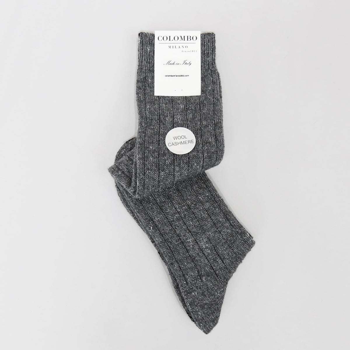 Calze grigie lunghe a coste in Cashmere con lurex argento