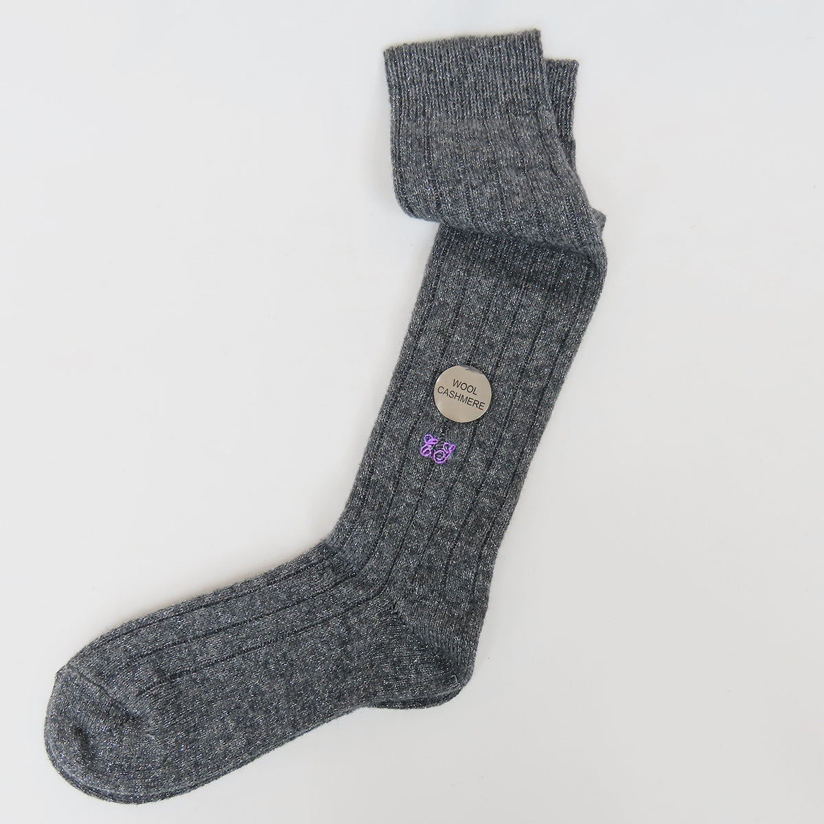 Calze grigie lunghe in Cashmere con lurex argento con iniziali