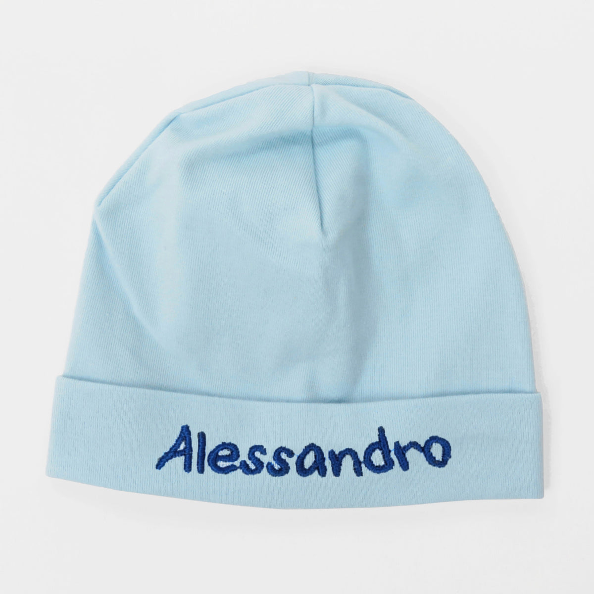 Cappello neonato azzurro in cotone con nome ricamato