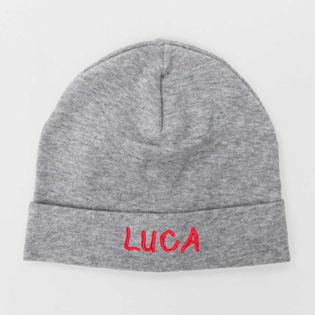 Cappello neonato grigio in cotone con nome ricamato
