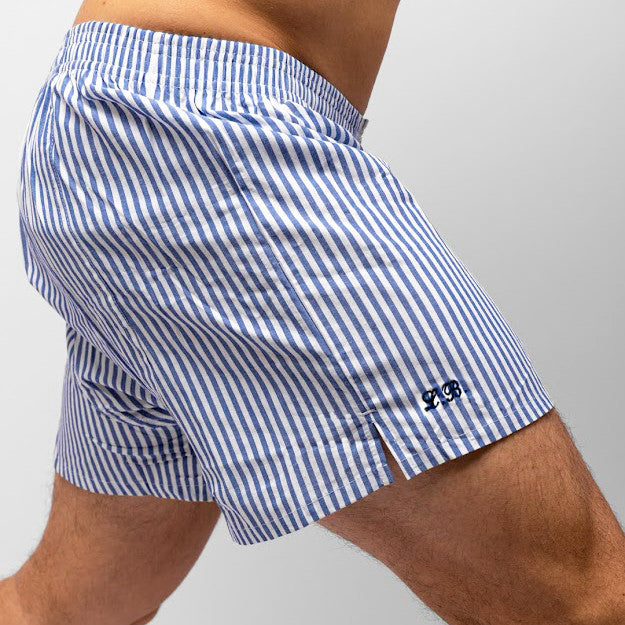 Boxer in tela a righe bianche e blu - taglie forti-100% cotone indossato