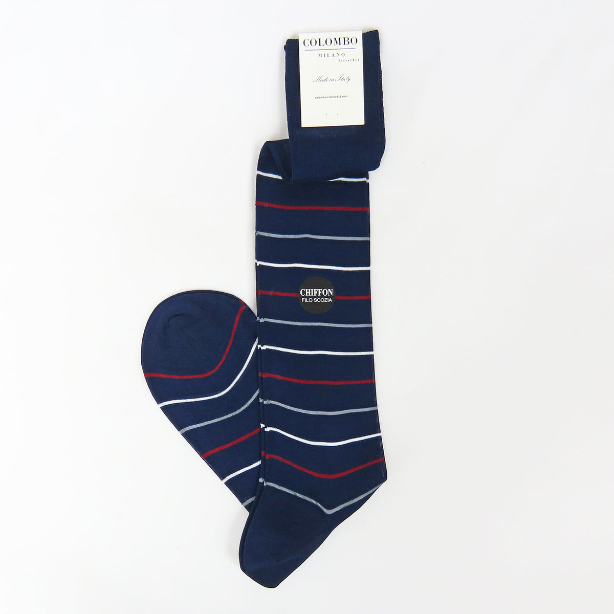 Righe rosse e grigie - Calza lunga blu chiffon filo di scozia