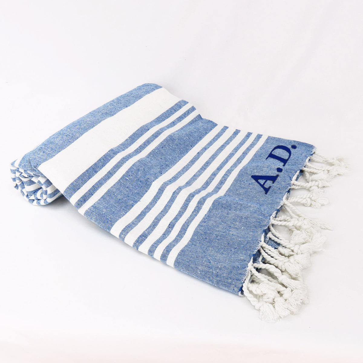 Telo mare a righe denim in cotone biologico personalizzato con ricamo