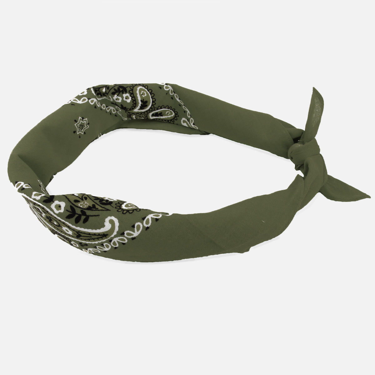 Bandana colorata “PAISLEY” con stampa cachemire - verde militare arrotolata