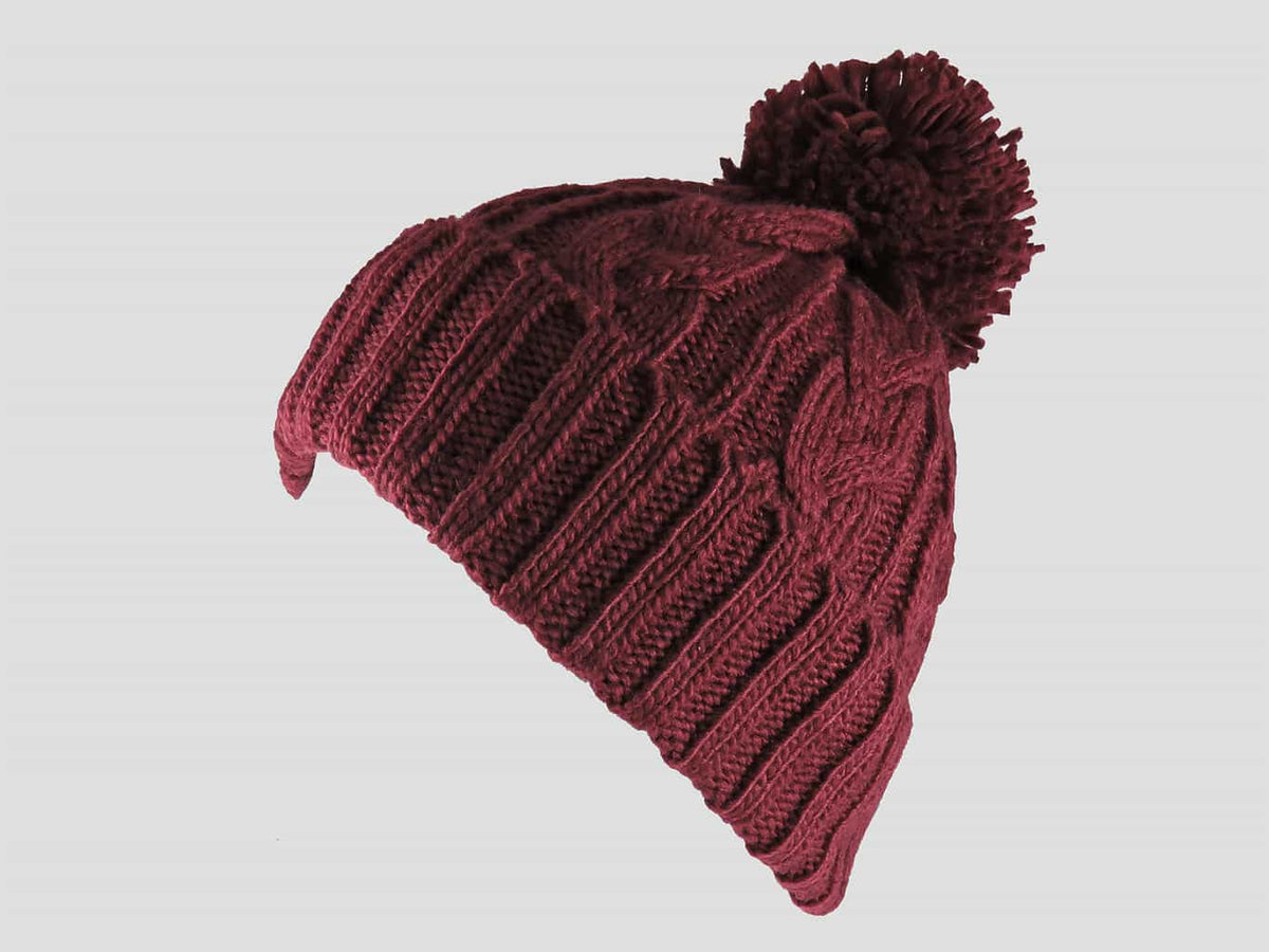 Bordeaux - berretto - cappello morbido tricot lavorato a trecce con risvolto e pompon