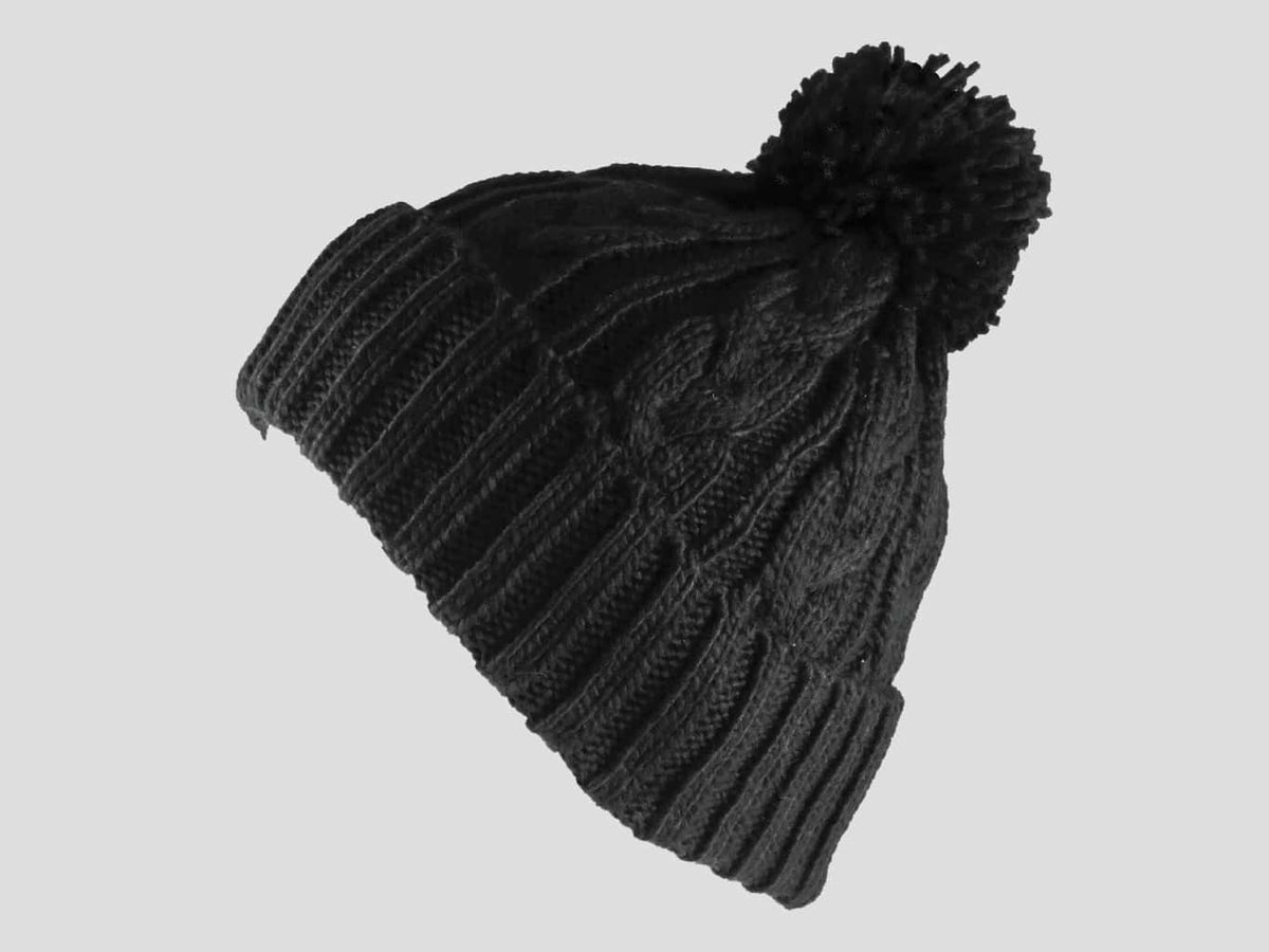 Nero - berretto - cappello morbido tricot lavorato a trecce con risvolto e pompon