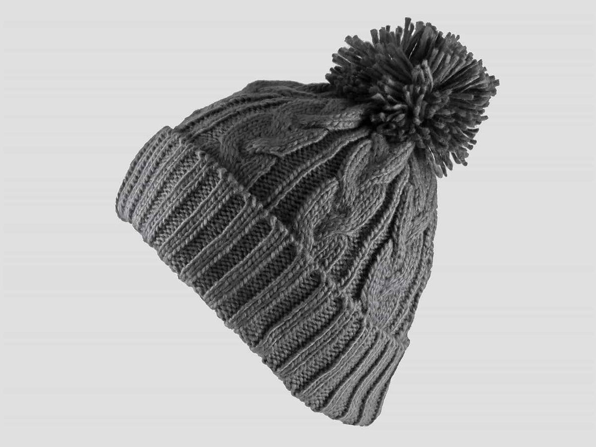Grigio - berretto - cappello morbido tricot lavorato a trecce con risvolto e pompon