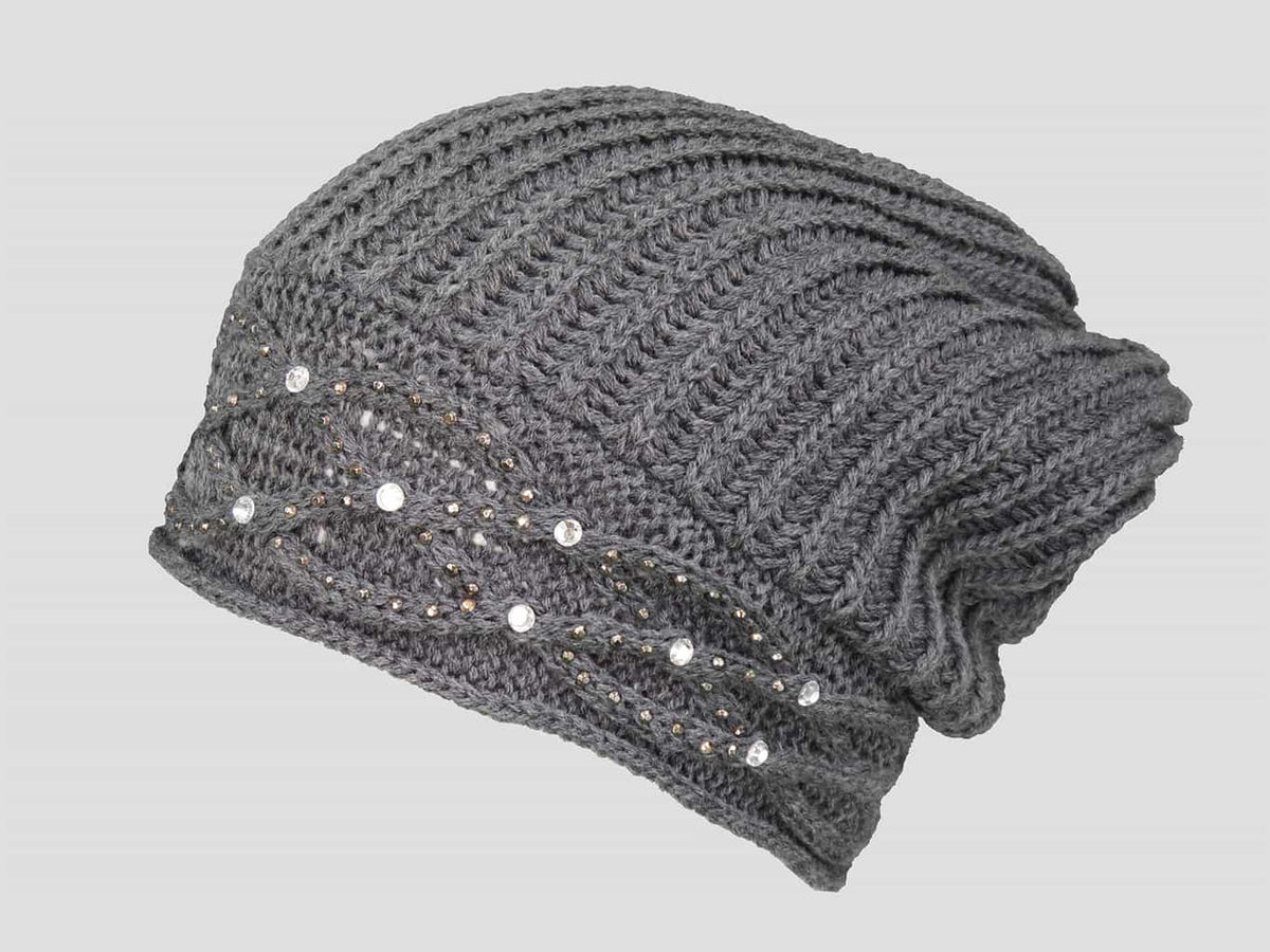 Grigio - berretto donna - cappello morbido tricot con motivo a catene tempestato di strass