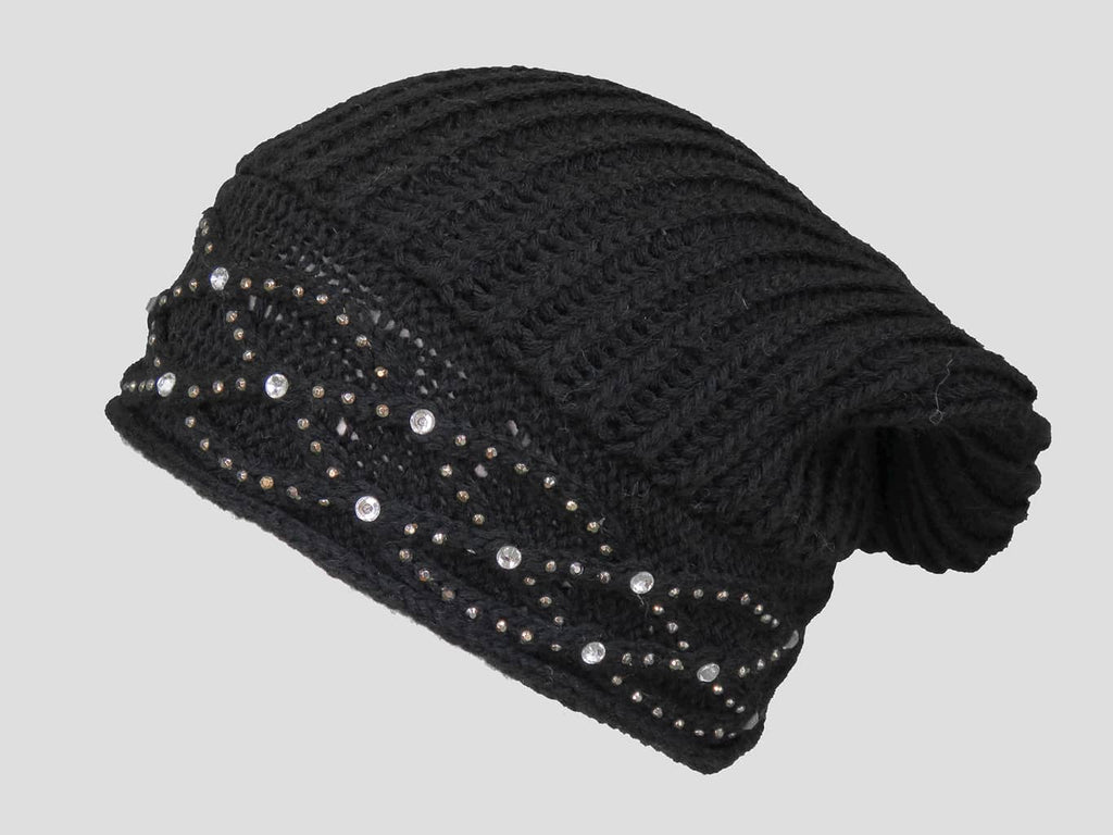 Nero - berretto donna - cappello morbido tricot con motivo a catene tempestato di strass