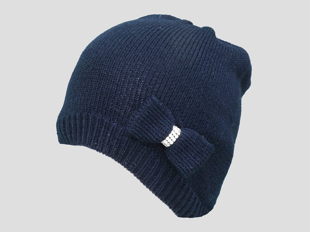 Blu - berretto donna - cappello tricot con fiocco a maglia con strass