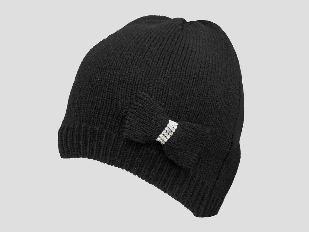 Nero - berretto donna - cappello tricot con fiocco a maglia con strass