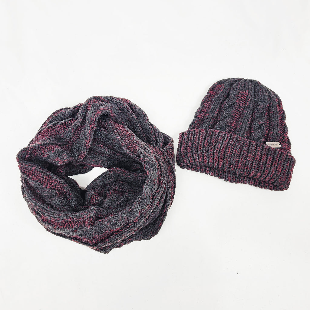 Cappello e sciarpa bicolor a trecce da uomo - burgundy