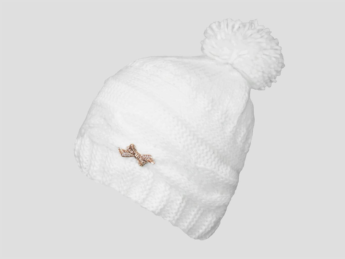 Panna - berretto donna - cappello morbido tricot a trecce con pom-pon decorato da un fiocco d'oro con strass