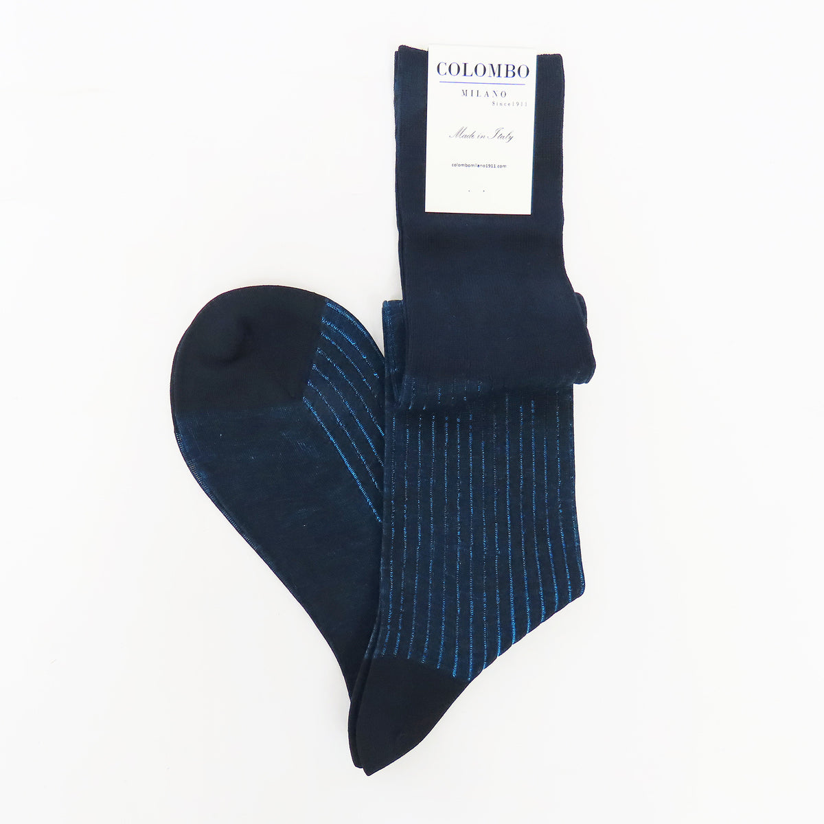 Calza lunga a coste in filo di scozia bicolor blu-denim