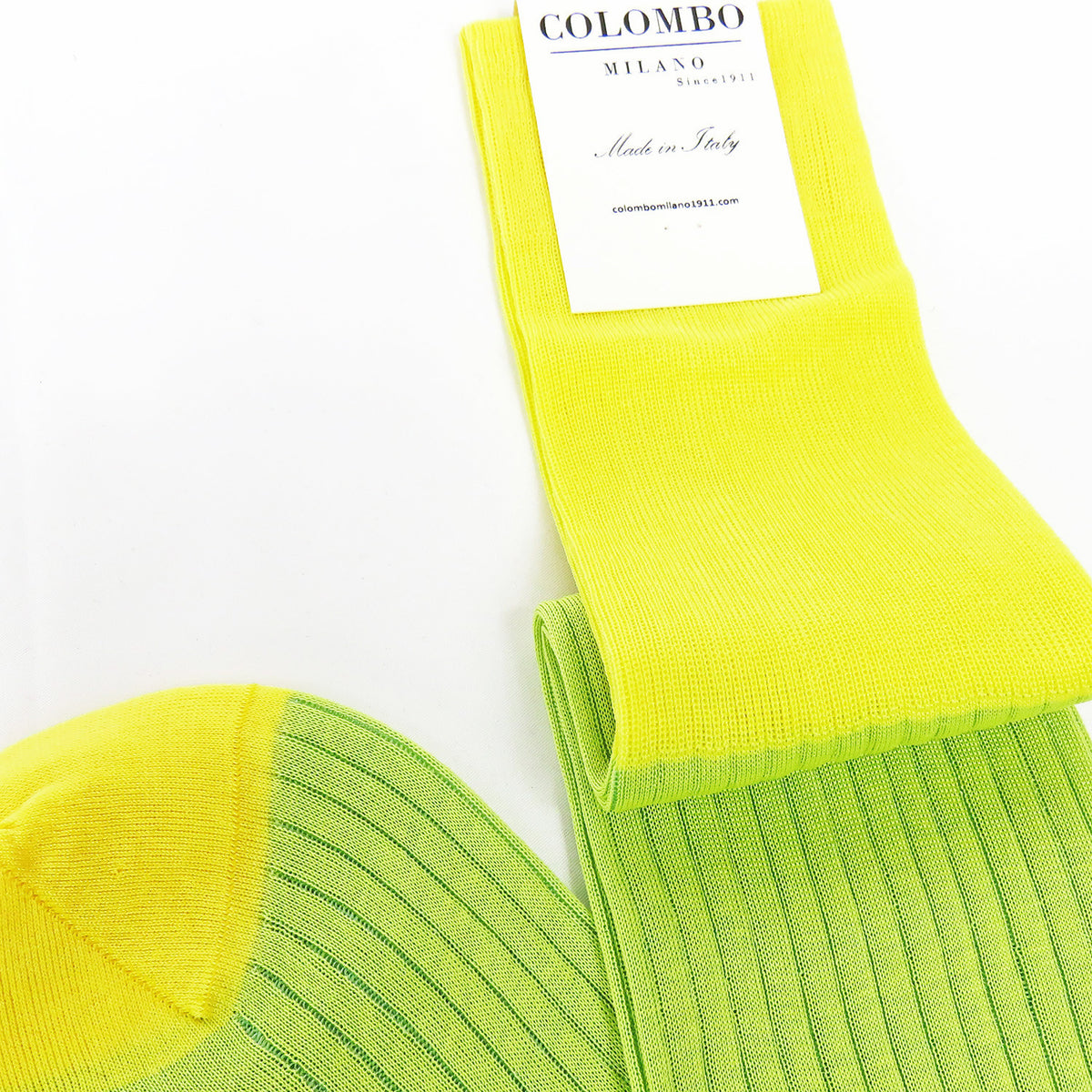Calza lunga a coste colorata in filo di scozia bicolor giallo dettaglio