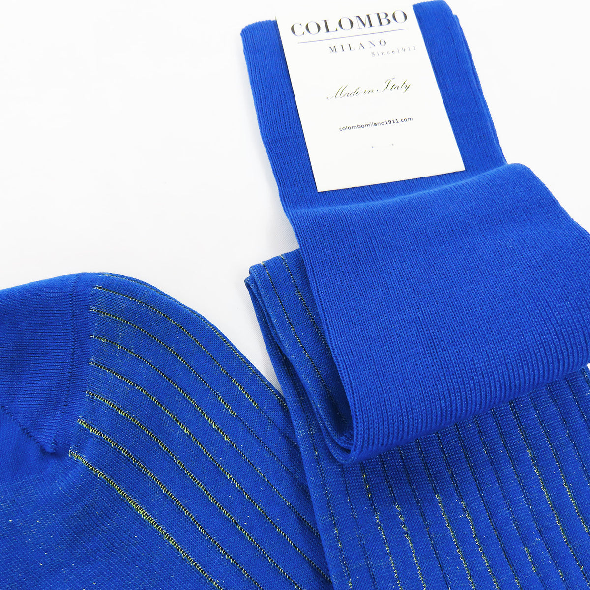 Calza lunga a coste colorata in filo di scozia bicolor bluette dettaglio
