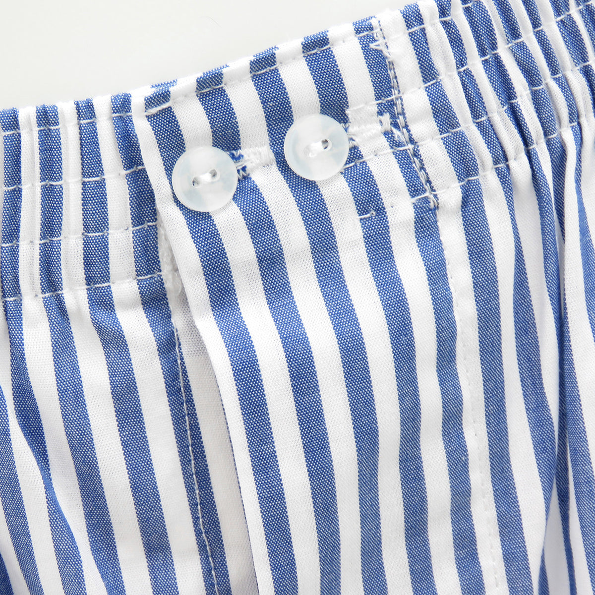 Boxer in tela a righe bianche e blu con iniziali ricamate  dettagli bottoni