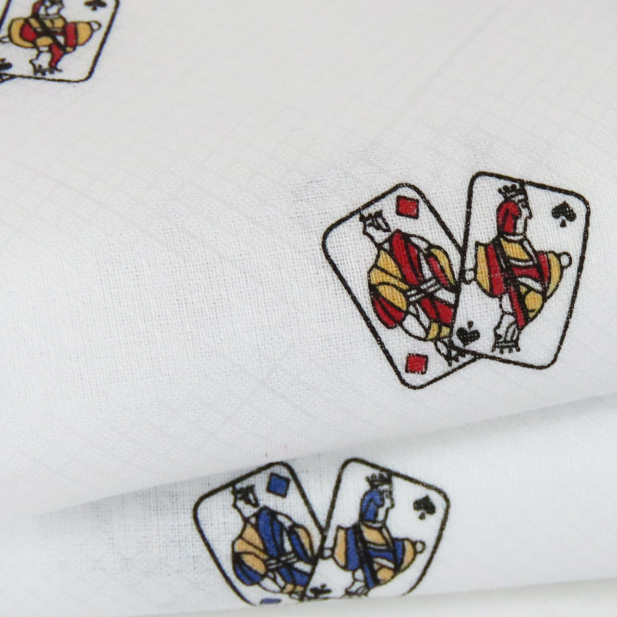 Principe - fazzoletti bianchi con carte da gioco stampate rosse blu dettaglio