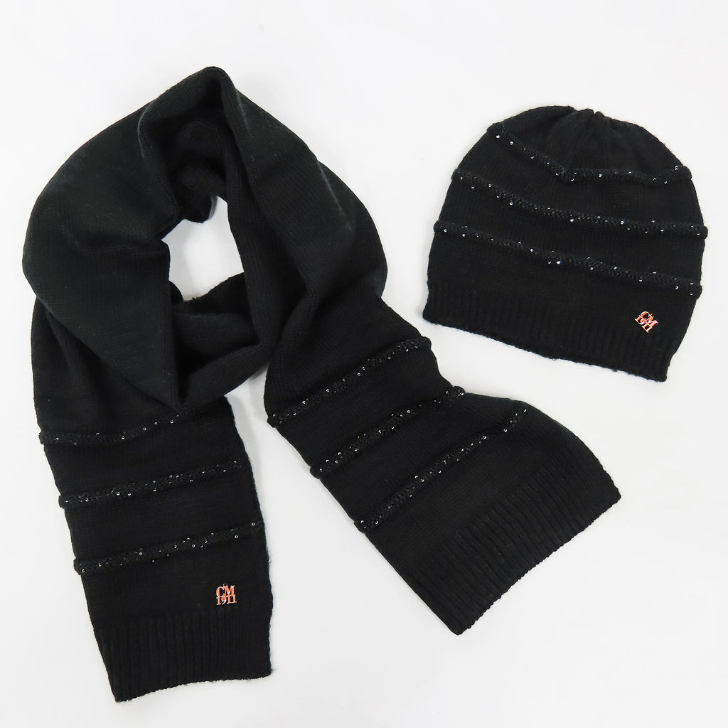 Cappello e sciarpa neri a righe 3d con paillettes