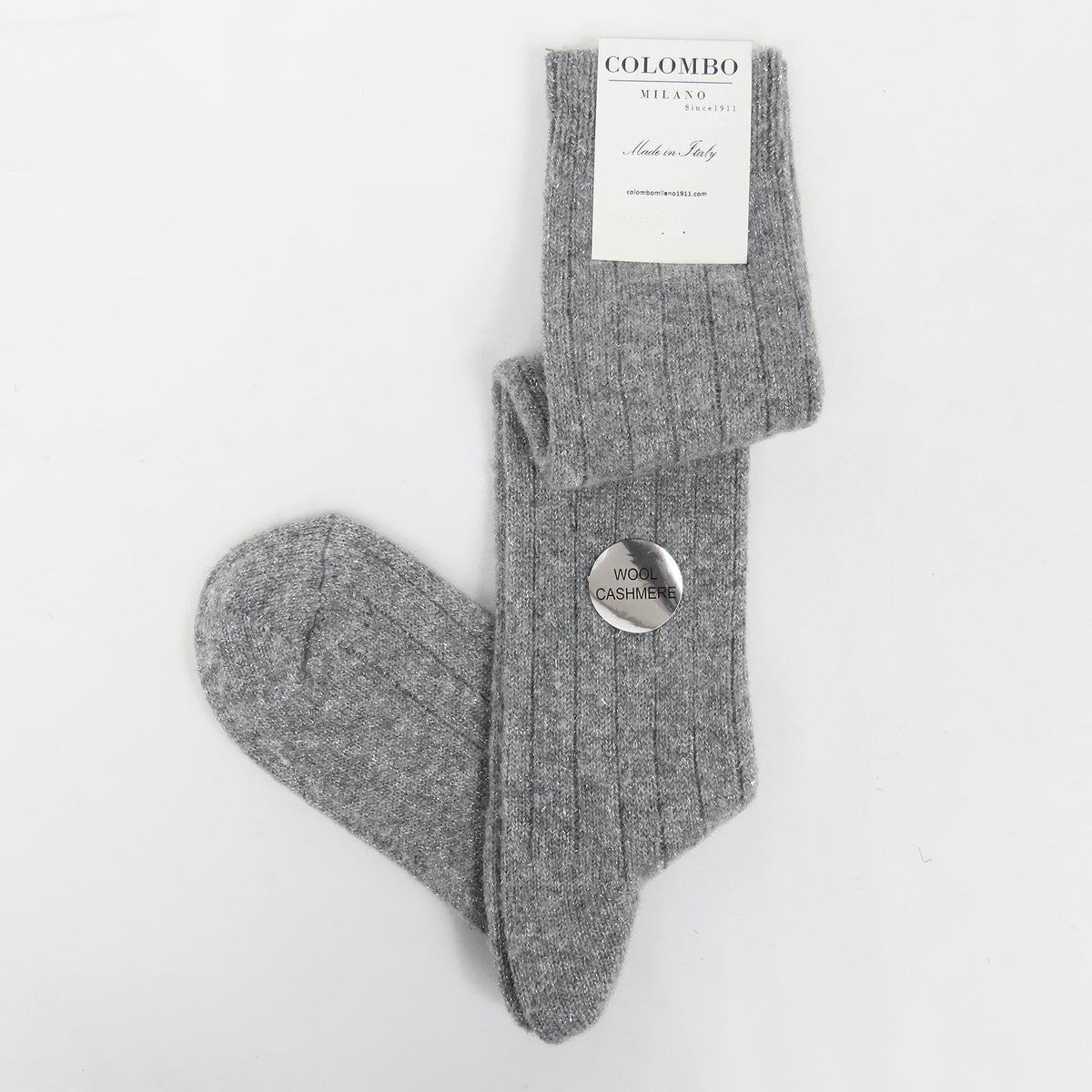 Calze lunghe grigio chiaro in Cashmere con lurex argento