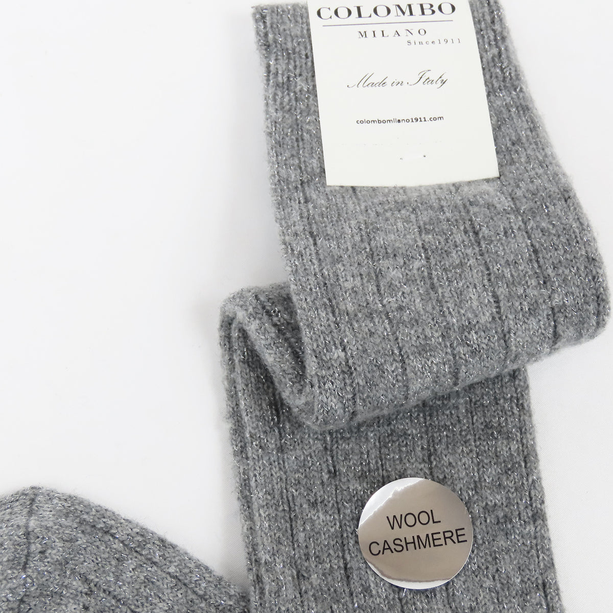 Calze lunghe grigio chiaro in Cashmere con lurex argento
