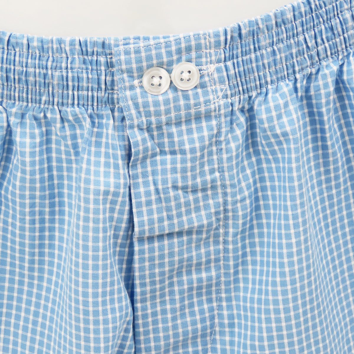 Boxer uomo in popeline a quadretti bianchi su fondo azzurro- 100%cotone fronte bottoni