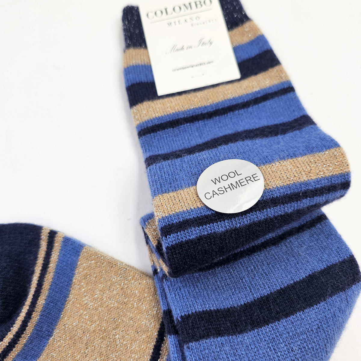 Calze lunghe in Cashmere a righe colorate con lurex blu dettaglio