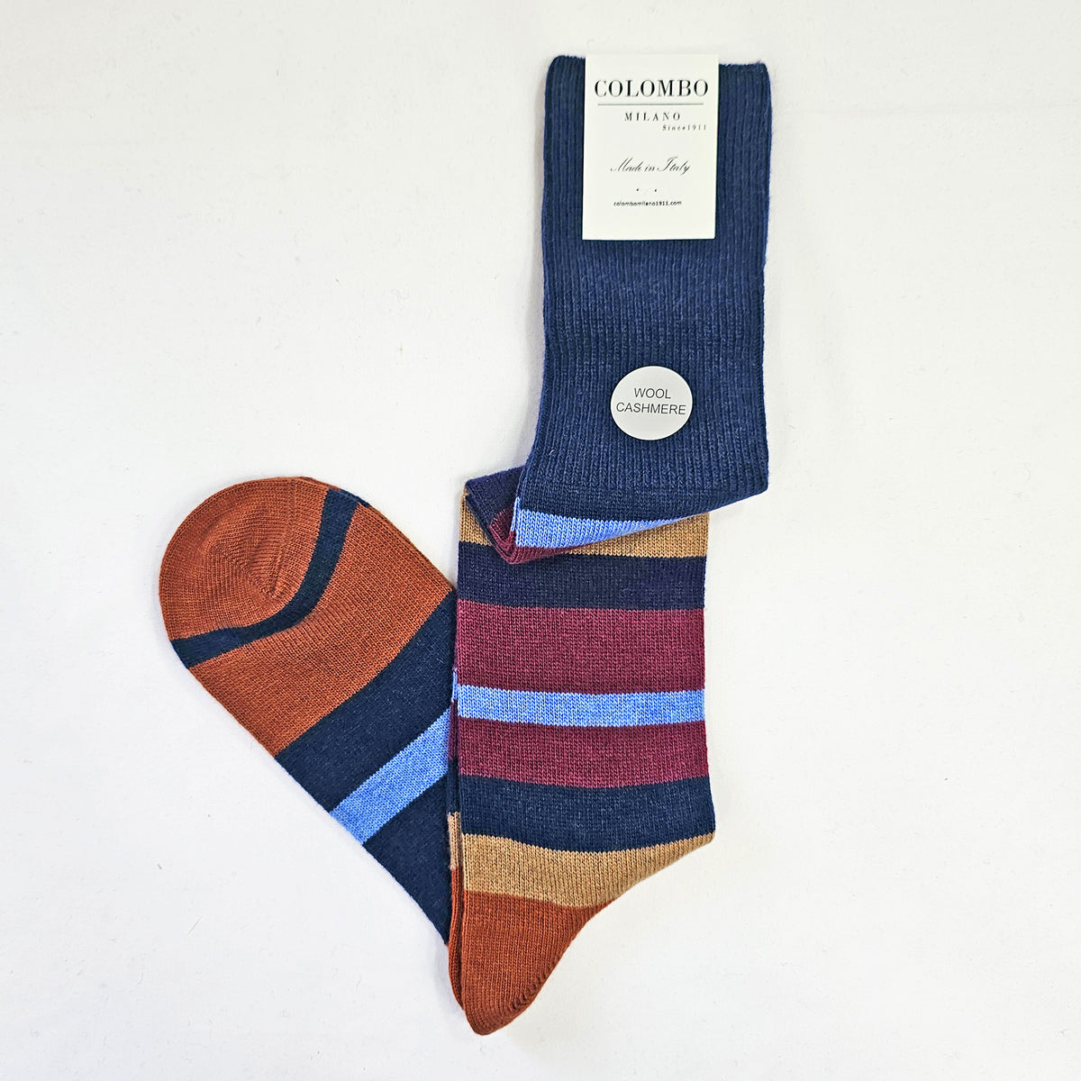 Calze lunghe in Cashmere a righe colorate blu