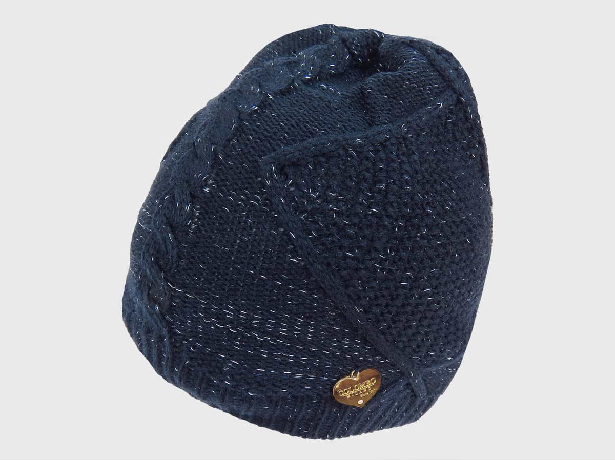 blu- cappello da donna lavorato a trecce e rombi con lurex e medaglietta