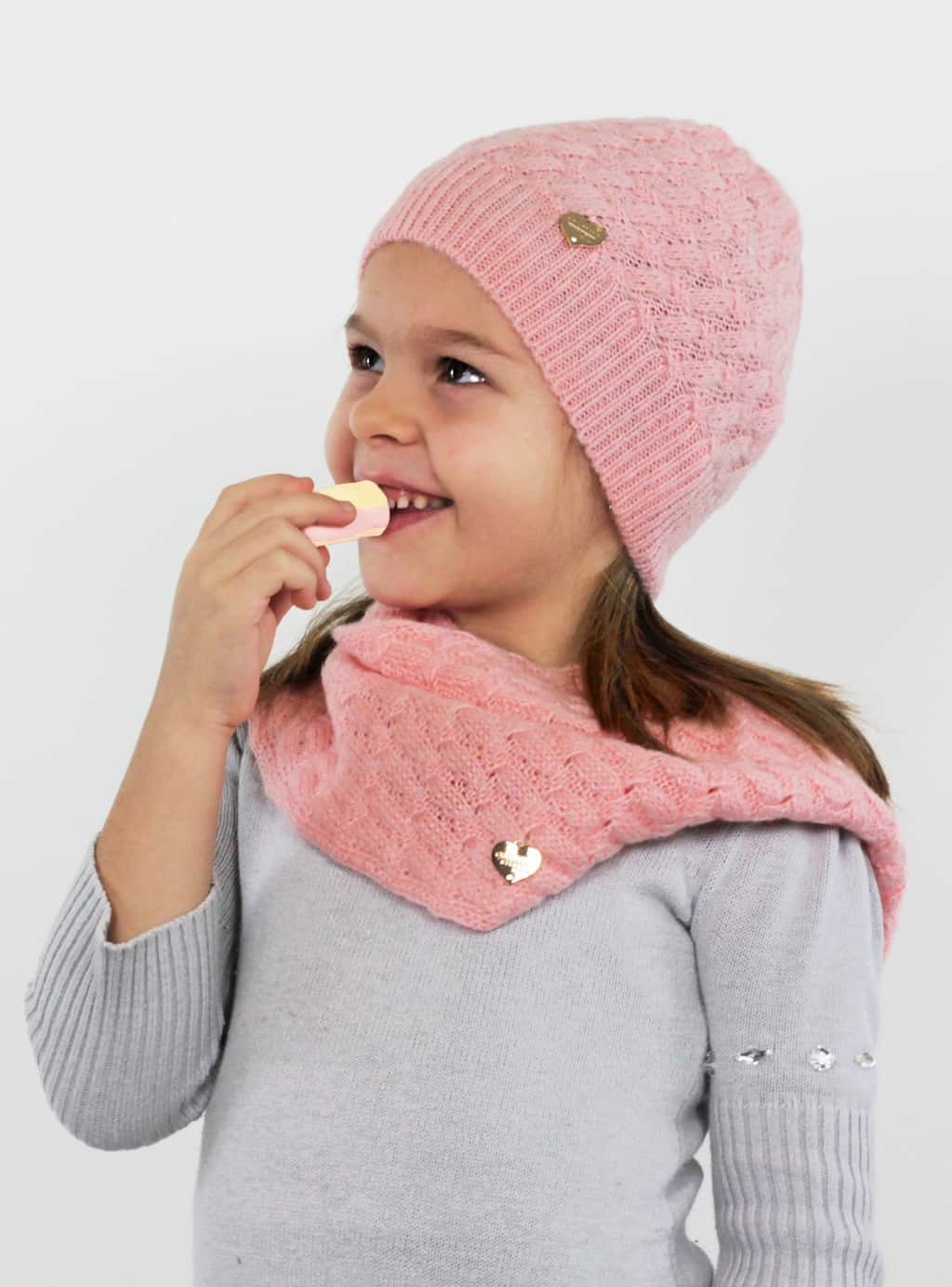 Cappello e sciarpa rosa morbido a spicchi da bimba